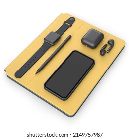 Top view of computer tablet with stylus, smart watch, phone and headphones isolated on white background. 3D rendering concept of creative designer equipment and compact workspace