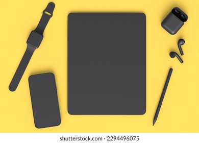 Top view of computer tablet with stylus, smart watch, phone and headphones isolated on yellow monochrome background. 3D rendering concept of creative designer equipment and compact workspace