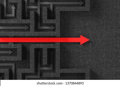 Top View Of Concrete Maze With Red Arrow Breaking Walls And Leading Out. Concept Of Solution Search And Finding Way Out. 3d Rendering