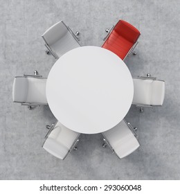 Top View Of A Conference Room. A White Round Table And One Red And Five White Chairs. 3D Rendering