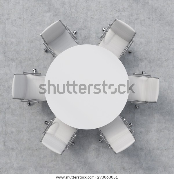 会議室の平面図 白い丸いテーブルと6つの椅子が周りにある3dレンダリング のイラスト素材