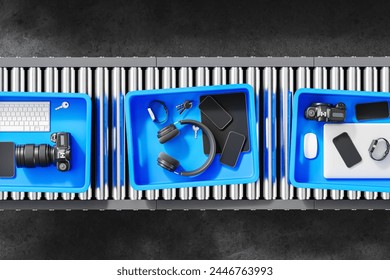 Top view of containers with electronics and personal items on conveyor belt at for scanning at airport security check before flight. Forbidden baggage scanning and security concept. 3d rendering