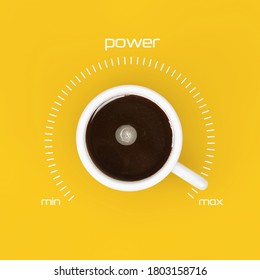 Top View Of Cup Of Black Coffe As Power Control At Maximum Value On A Yellow Background. 3d Rendering