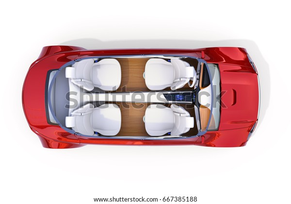 Top view of cutaway\
autonomous car\'s interior isolated on white background. 3D\
rendering image.