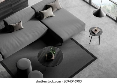 Top View Of Dark Lounge Room Interior With Grey Couch And Coffee Table, Carpet And Grey Concrete Floor, Window On Countryside. Minimalist Guest Space, 3D Rendering