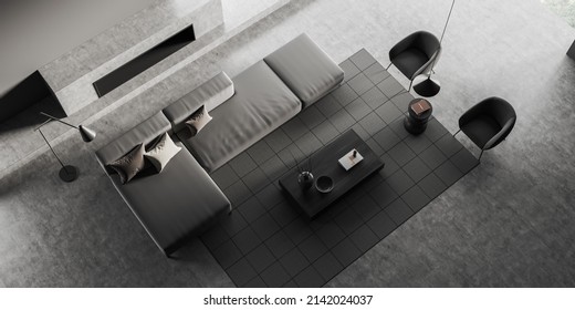 Top View Of Dark Lounge Room Interior With Sofa And Armchair, Coffee Table With Decoration, Carpet And Grey Concrete Floor. Minimalist Guest Space, 3D Rendering