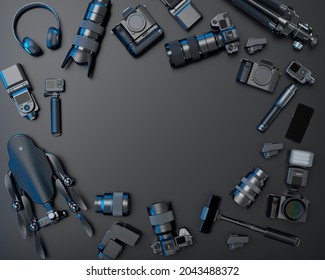 Top view of designer workspace and gear like nonexistent DSLR camera, mobile phone, drone and action camera on selfie stick on black background. 3d rendering of accessories for live streaming