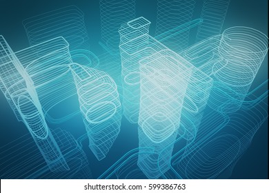 Top View Of Digital/neon Turquoise City. Future City Concept. 3D Rendering