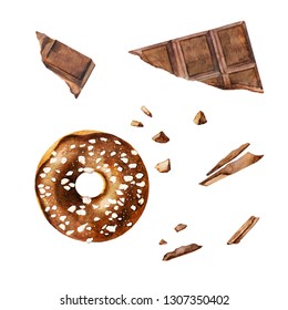 Top View Of Donut, Chocolate Bar, Chocolate Chips And Chunks. Watercolor Illustration On White Background. Hand Drawn Confection For Menu, Receipt, Label, Packaging Design.