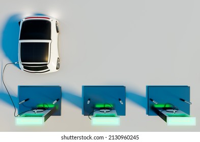 Top View Electric Vehicle (EV) Charging At Charging Station, 3D Illustrations Rendering 