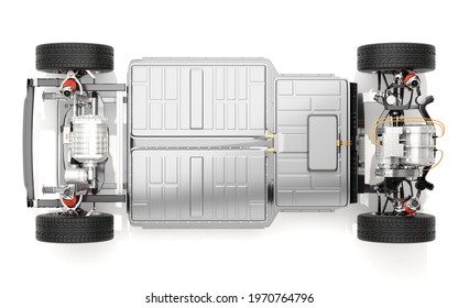 Top view of Electric Vehicle's chassis with dual motors and battery system. 3D rendering image.
