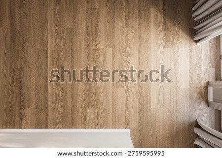 Top view of elegant empty room floor with wooden parquet and soft natural sunlight, 3D render