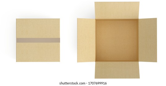 Top View Of Empty Closed And Open Cardboard Box. Isolated On White Background. 3d Rendering