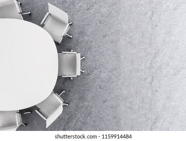 Top view of empty conference table and chairs on concrete floor background. Mock up, 3D Rendering 