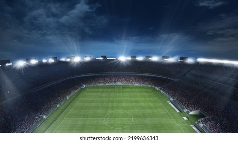 Top View Of Empty Football Field With Flashlights And Dark Night Sky Background. Stadium With Filled Stands With Sports Soccer Fans. Poster For Ad, Design. 3d Model