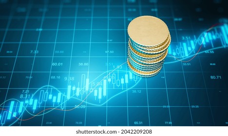 Top view of empty golden mock up coins stack on blue grid background with forex chart. Finance and trade concept. 3D Rendering