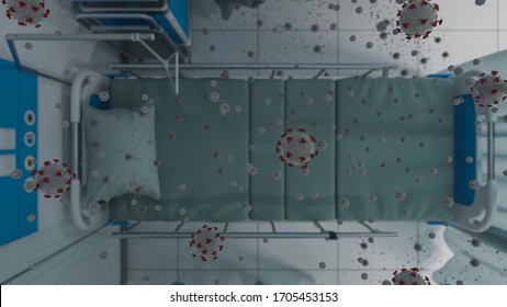 Top View Of An Empty Hospital Bed With Virus Particles 3D Rendering