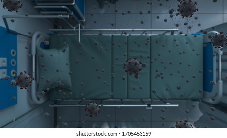 Top View Of An Empty Hospital Bed With Virus Particles In Natural Daylight 3D Rendering