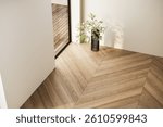 Top view of an empty interior with chevron wood flooring, soft lighting, and minimal decor. Ideal for backgrounds, mockups, or interior design presentations. 3D render.