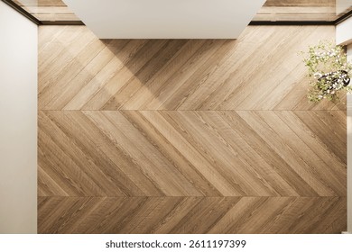 Top view of an empty interior with chevron wood flooring, soft lighting, and minimal decor. Ideal for backgrounds, mockups, or interior design presentations. 3D render.