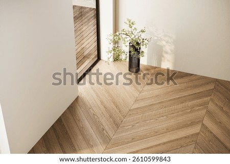 Top view of an empty interior with chevron wood flooring, soft lighting, and minimal decor. Ideal for backgrounds, mockups, or interior design presentations. 3D render.