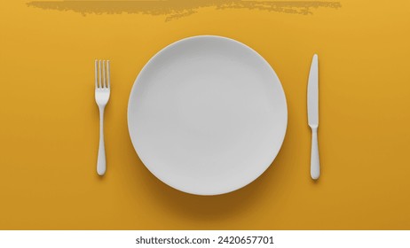 Top view of Empty white ceramic plate set on yellow