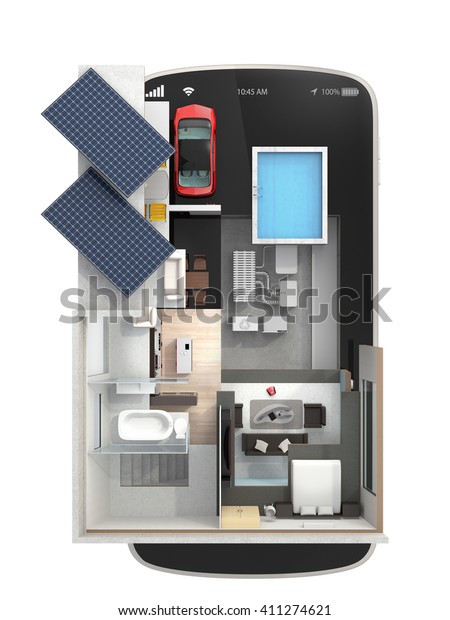 Top view of energy-efficient house equipped with\
solar panels, energy saving appliances on a smart phone. \
automation home controlled by smartphone concept. 3D rendering\
image with clipping\
path.