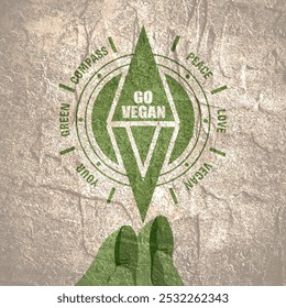 Top view feet of businessman in shoes. Vegan emblem. Vegetarian eco green concept. Go vegan text. - Powered by Shutterstock