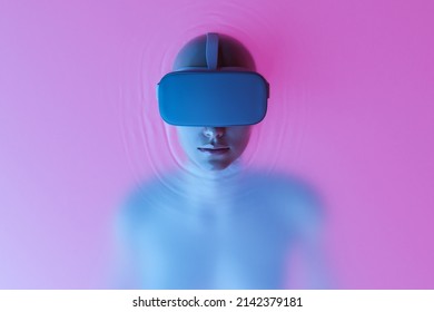 Top view of female in liquid experiencing cyberspace in futuristic virtual reality goggles on pink background. 3d rendering - Powered by Shutterstock