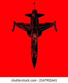 Top View Of A Fighter Jet F-5E Tiger II In Black Color Stamp On Red Background.