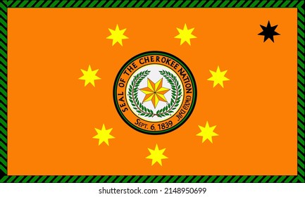 Top View Of Flag Of Cherokee Nation People Ethnic, USA. No Flagpole. Plane Design, Layout. Native American People. Flag Background