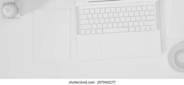 Top view, flat lay, White monochrome workspace with laptop computer and accessories. 3d rendering, 3d illustration