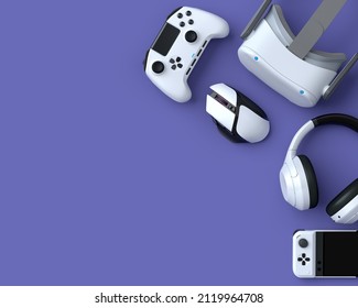 Top view of gamer gears like mouse, keyboard, joystick, VR glasses and headphones on purple table background. 3d rendering of accessories for live streaming concept