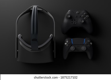 Top view of gamer workspace and gear like vr glasses, joystick on black table background. 3d rendering of accessories for live streaming concept
