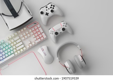 Top View Of Gamer Workspace And Gear Like Mouse, Keyboard, Joystick, Headset, VR Headset On White Table Background. 3d Rendering Of Accessories For Live Streaming Concept Top View