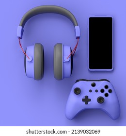 Top View Of Gamer Workspace And Gear Like Phone, Joystick, Headset On Purple Table Background. 3d Rendering Of Accessories For Live Streaming Concept Top View