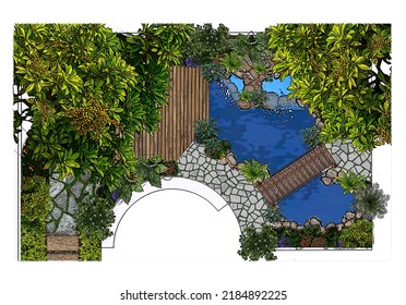 Top View Of Garden Corner With Waterfall, Mini Pond, Wood Deck, Wood Bridge, Stepping Stone And Tropical Plant. Water Feature Tropical Landscape Design Presentation Plan.