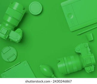 Top view of gold designer workspace and gear like laptop, tablet, digital camera and spidlight flash on monochrome background. 3d rendering of accessories for illustrator and photography tools - Powered by Shutterstock