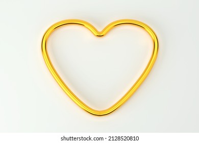 Top view of golden metal heart in the shape of a ring on white floor with copy space, 3d rendering