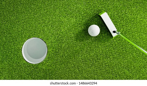 Top view of a golf ball with putter on green course at hole - 3D illustration