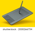 Top view of graphic tablet and pen for illustrators, designers and photographers isolated on yellow background. 3d rendering
