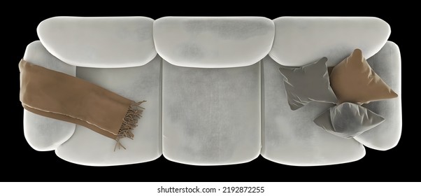 Top view gray 3 eater sofa and pillows transparent with black background. 3d illustration. 3d rendering.