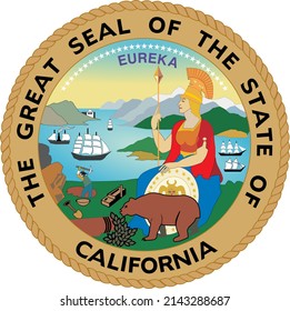 Top view of Great Seal of US Federal State of California. United States of America patriot and travel concept. Plane layout, design
