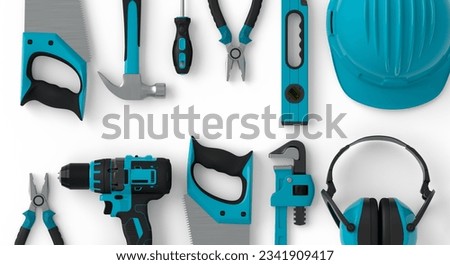 Top view of green construction tools for repair and installation on white background. 3d render and illustration of service banner for house plumber or repairman