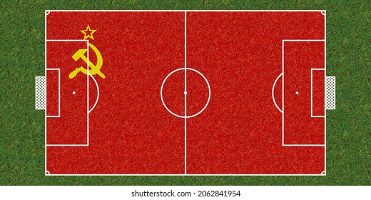 Top View Of Green Grass Soccer Field With Flag Of Ussr. Football Background. 3d Illustration,