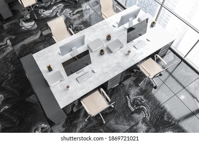 Top View Of Grey Office Room, White Table With Computers. White Armchairs Near Window With City View, Modern Office Minimalist Interior 3D Rendering, No People