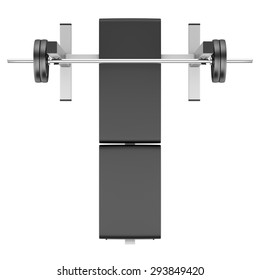 Top View Of Gym Flat Weight Bench With Barbell Isolated On White Background