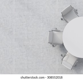 Top View Of A Half Of The Conference Room. A White Round Table, Three White Leather Chairs. Office Interior. 3D Rendering.