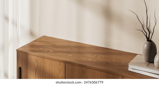 Top view of home living room interior with empty copy space wooden drawer, minimalist art decoration. Tulle and beige wall, scandinavian design. 3D rendering - Powered by Shutterstock