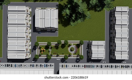 Top View Of Housing Colony Along With Garden, 3d Rendering Of Landscape